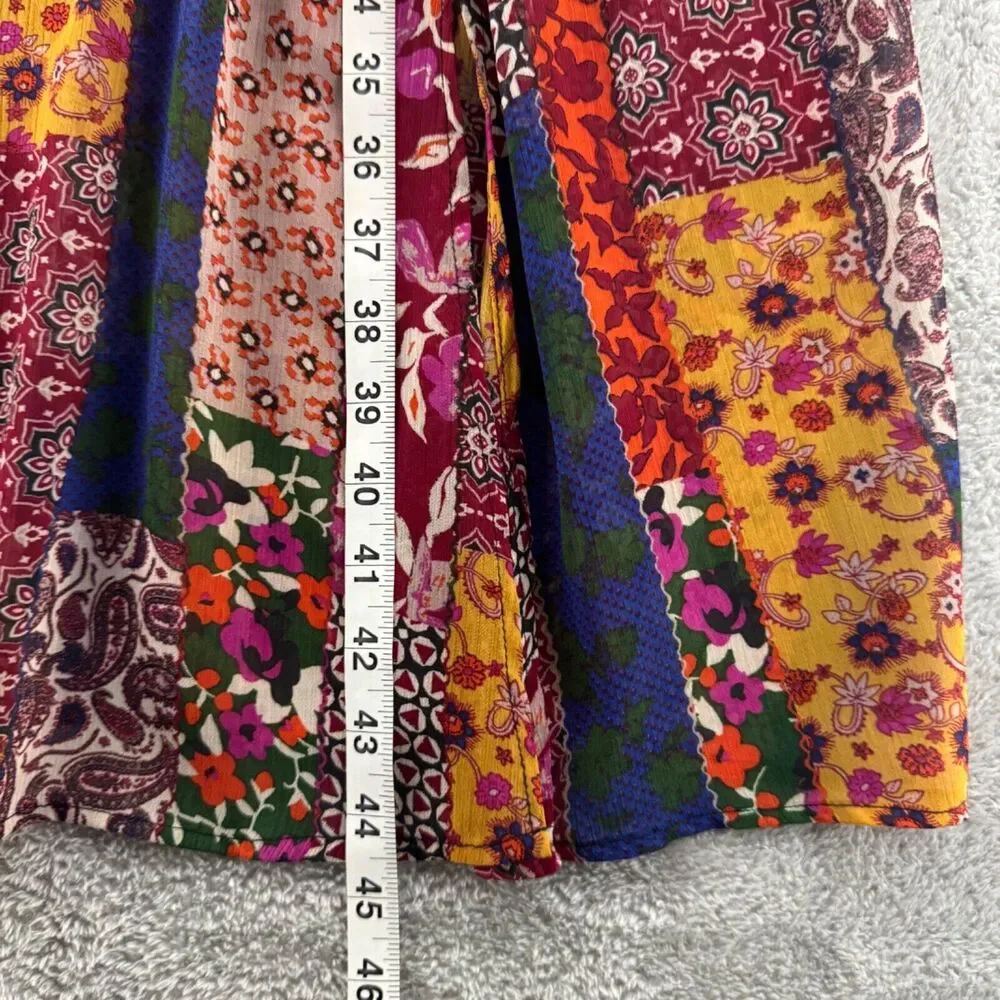 GILI Top Womens XXS Red Blue Patchwork Boho Sheer Button Up Midi Length Slit - Picture 12 of 16